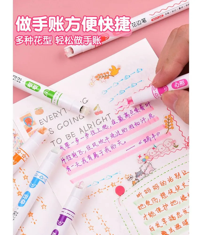 Flower Pattern Roller Stamp Pen, Curved Line Pen, Wave Marker Pen, Highlighter For Scrapbooking, Note Taking And Bullet Journaling, Multicolored