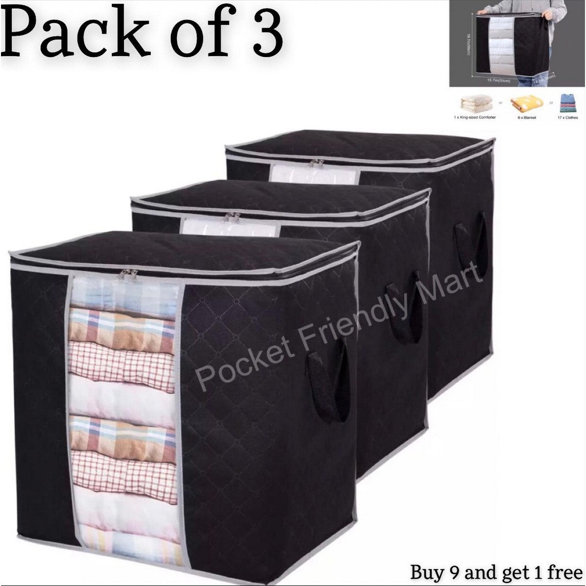 Pack Of 3 - New Waterproof Home Storage Bag foldable non woven Oxford Cloth Bedding Suits Pillows Closet Organizer bags Organizer Zipper Bag