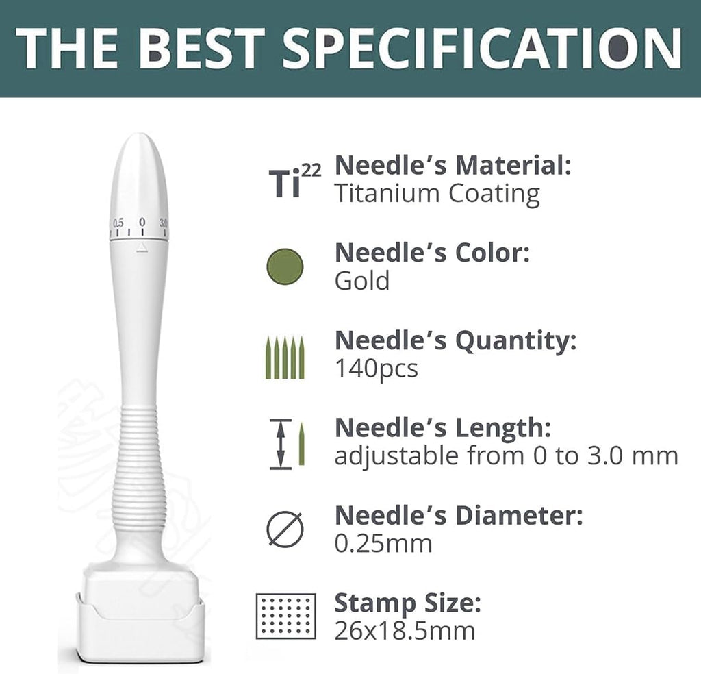 Professional Derma Stamp Adjustable 0–3mm – 140 Pin Titanium Micro Needling