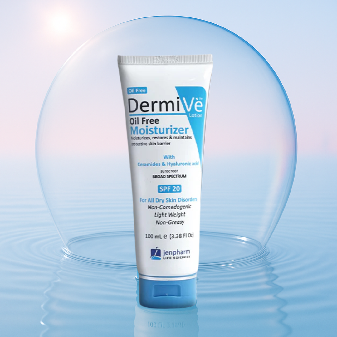 DermiVe oil-free moisturizer tube on a blue gradient background