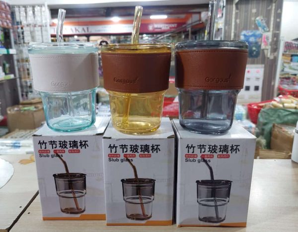 Coffee Cup Glass Mug With Lid And Straw (450ml)