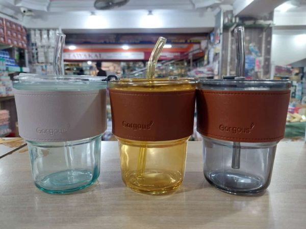 Coffee Cup Glass Mug With Lid And Straw (450ml)