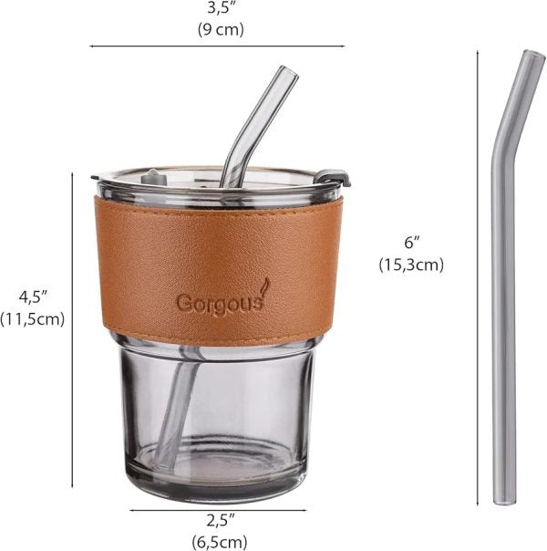 Coffee Cup Glass Mug With Lid And Straw (450ml)