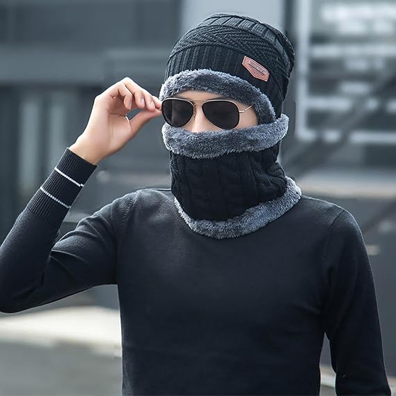 Woolen Winter Beanie Cap With Neck Warmer Muffler For Men And Women