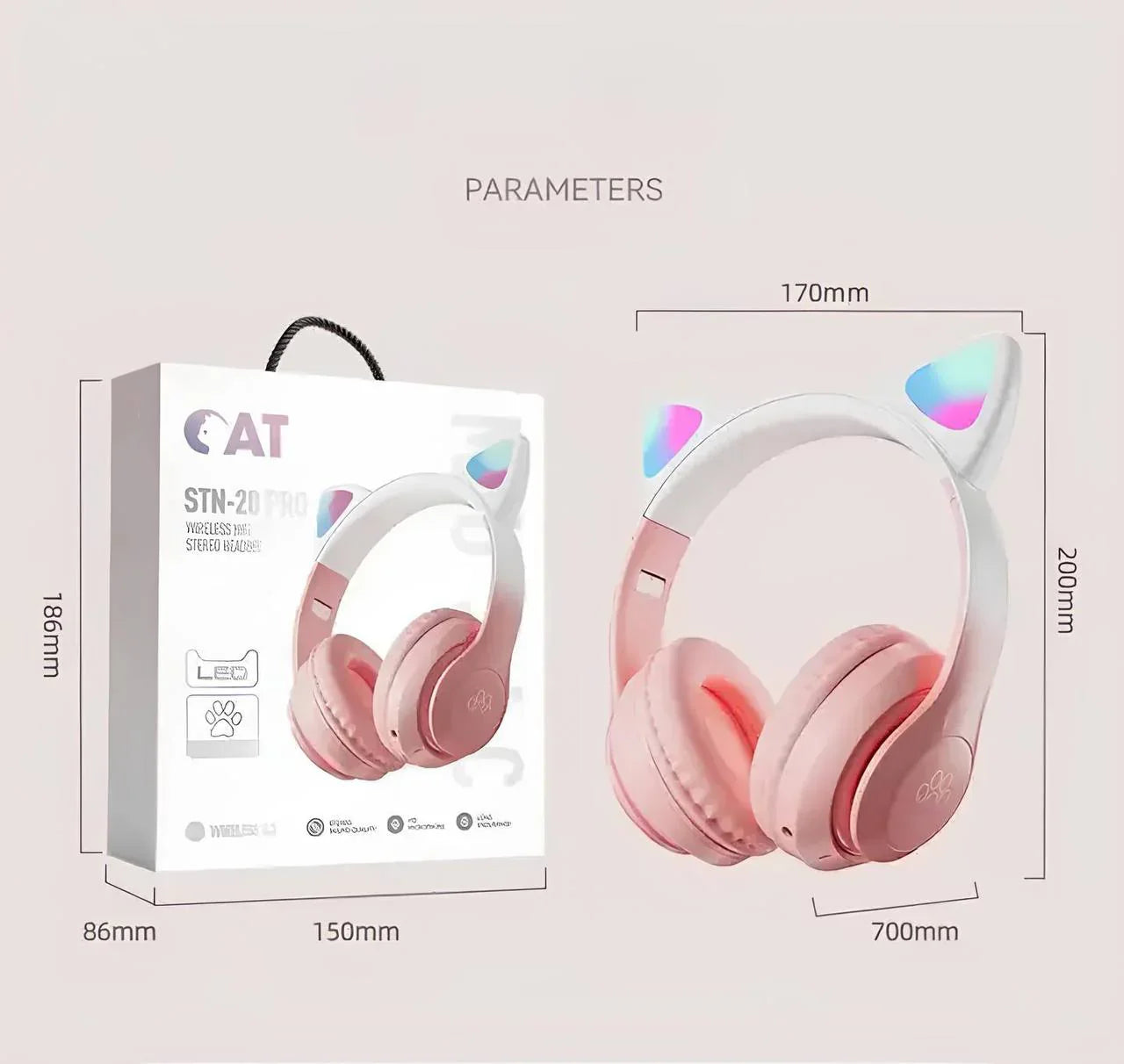 Cute Cat Wireless Headphone With RGB